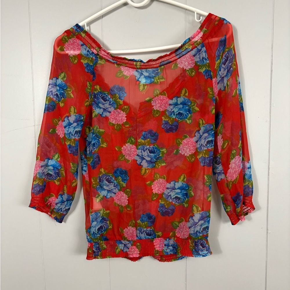 Abercrombie Kids Y2K Red Floral Sheer Stretch Ruffle Top XL Preppy Cute Vintage - Picture 7 of 9
